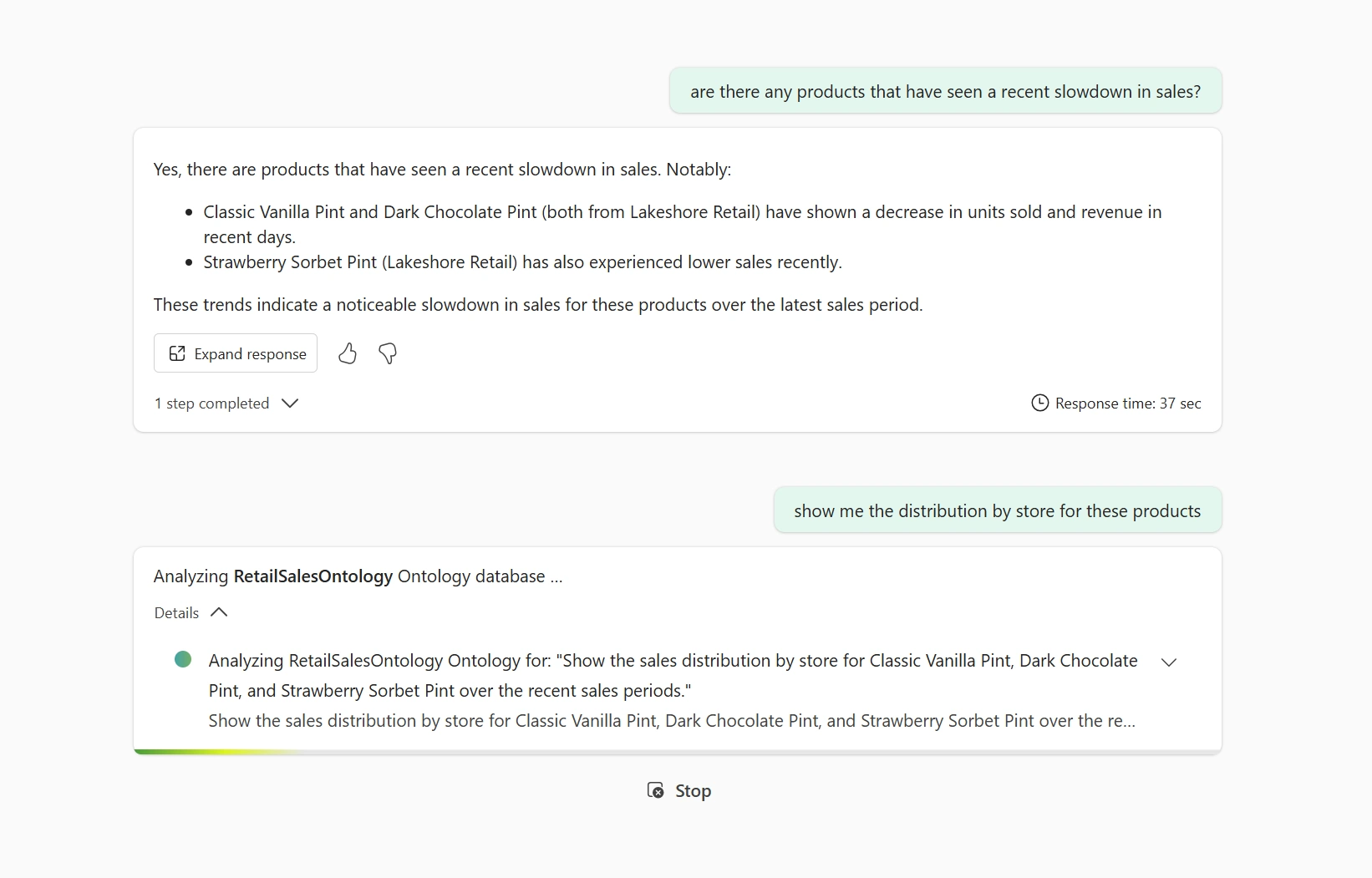 Fabric data agent answering natural-language questions about retail product sales
